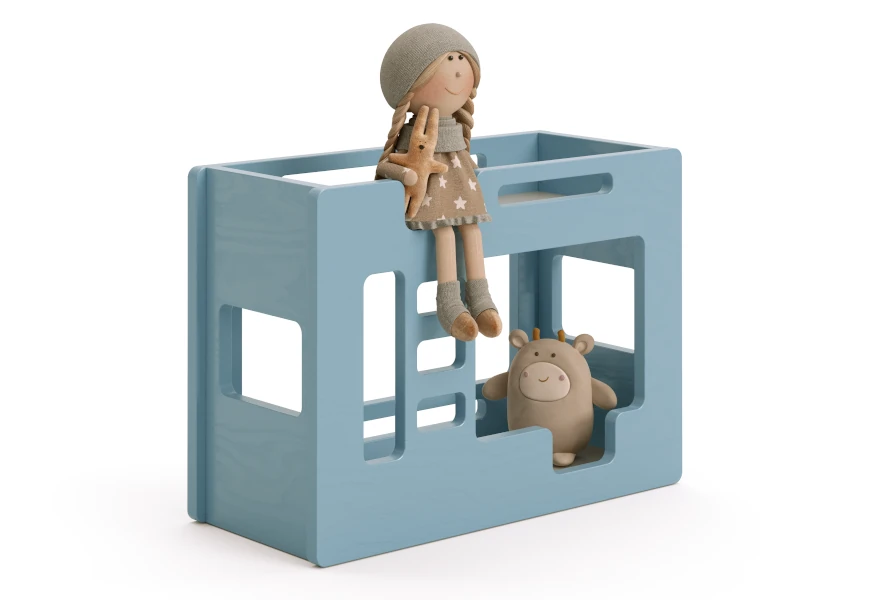 Drewniane łóżko piętrowe dla lalek wykonane ze sklejki sosnowej w kolorze niebieskim